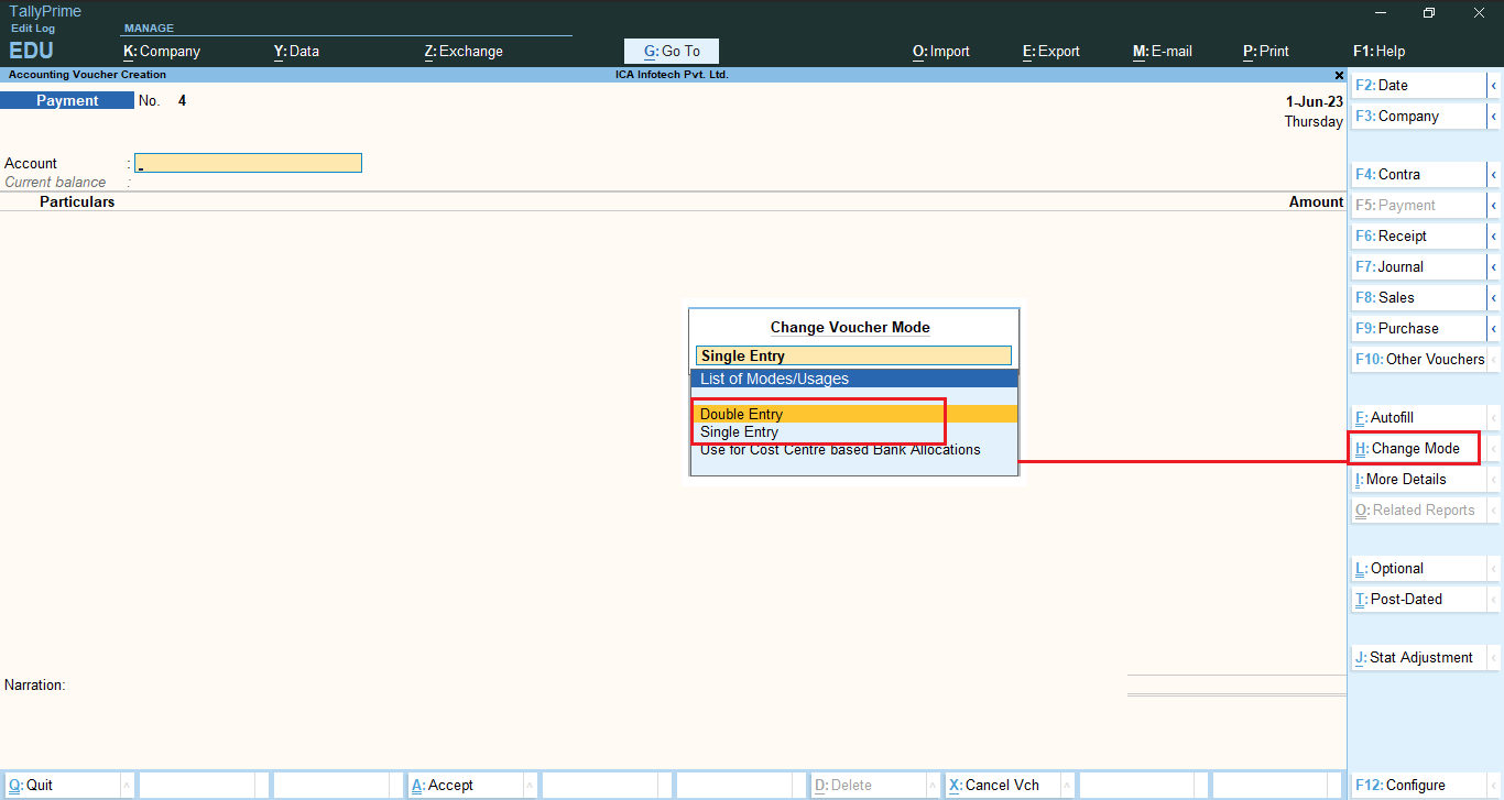 How to change voucher mode (Double Entry/Single Entry) in TallyPrime