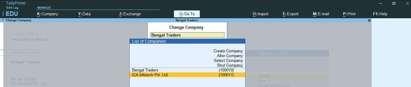 How to change a company in TallyPrime
