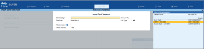 Import The Bank Statements in tally Prime