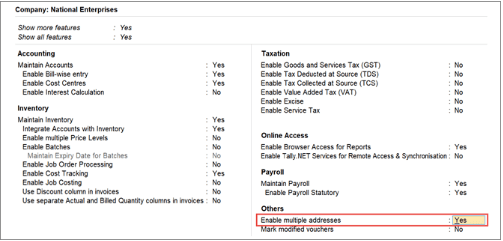 Configure Features in tally
