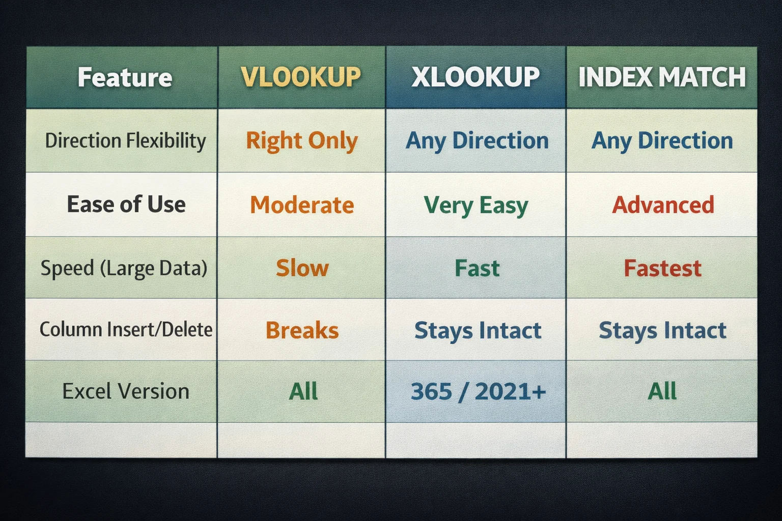 Comparison Table: XLOOKUP vs VLOOKUP vs INDEX MATCH