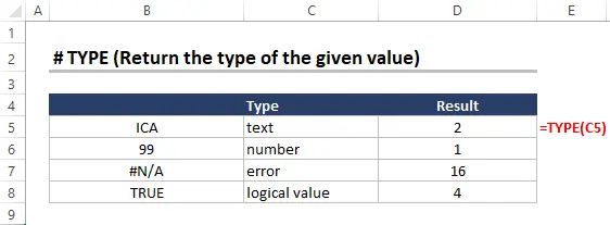 Advanced Excel Function TYPE